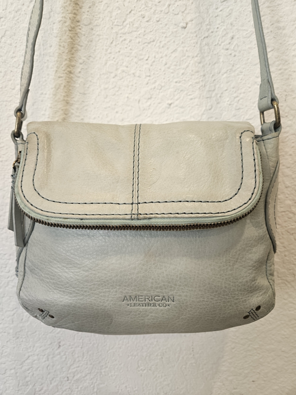 American Leather Co. Burnet Flap Crossbody Bag -Morning Mist Gray / Blue Leather